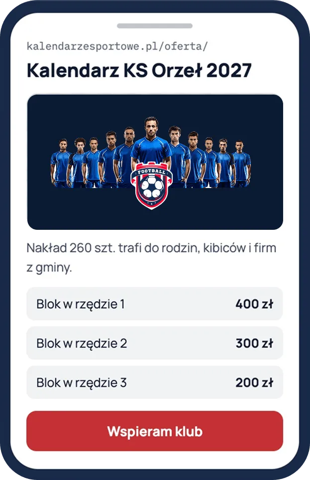 Telefon ze stroną oferty „Kalendarz KS Orzeł 2027”: zdjęcie drużyny, nakład i ceny bloków w trzech rzędach oraz przycisk „Wspieram klub”
